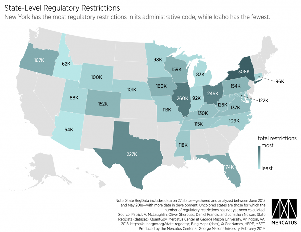 Map of the united states showing the least regulated states