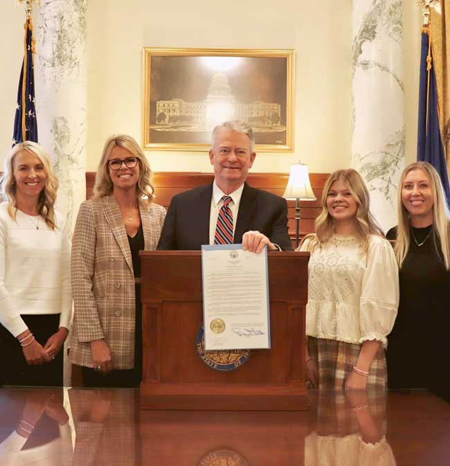Governor Brad Little with Superintendent of Public Instruction Debbie Critchfield at the signing of the executive order, the &ldquo;Phone Free Learning Act.&rdquo;