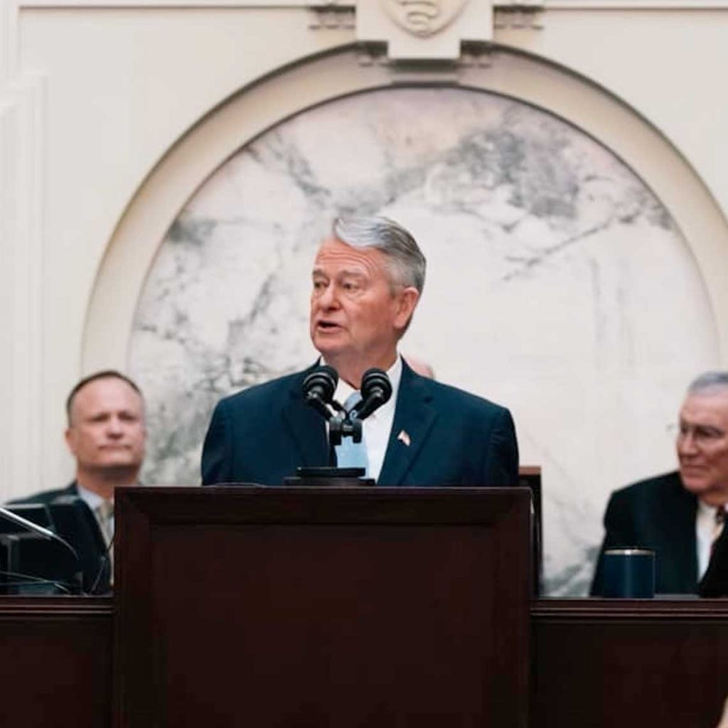 Governor Brad Little at speaking in capitol